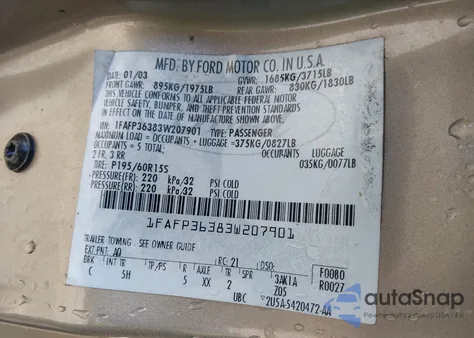 2003 Ford Focus Se/Ztw from USA, damaged, VIN 1FAFP36383W207901